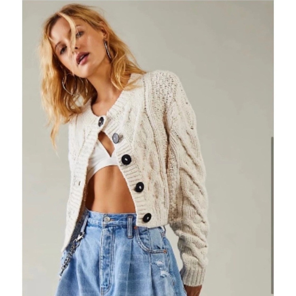 Free People Cream Cable Knit Cropped Cardigan